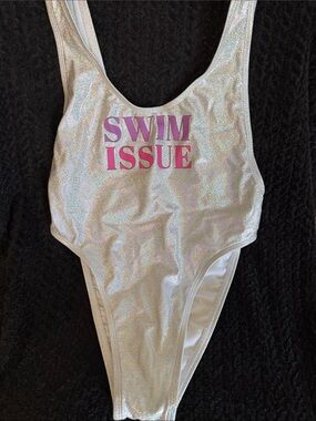 Holographic 'SWIM ISSUE' One-Piece Swimsuit